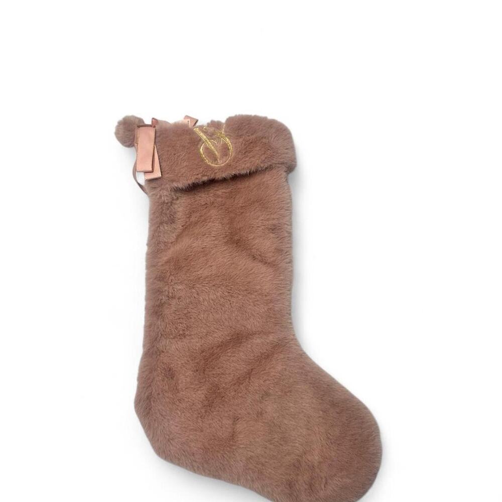 Victorias Secret Pink Furry Super Soft Christmas Stocking Gold  New With Tag